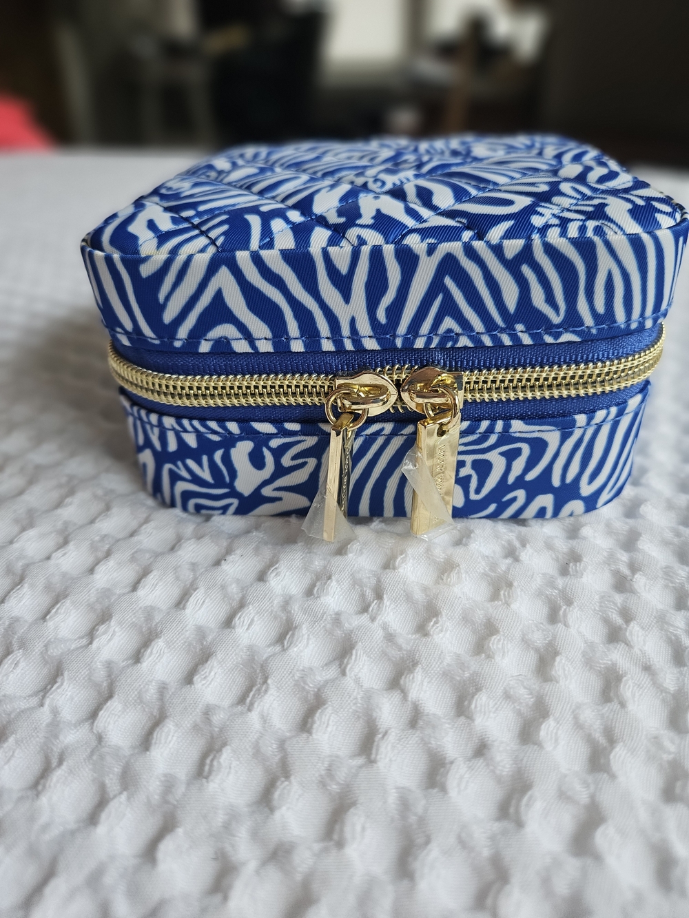 Lilly Pulitzer Blue and White Zebra Print Jewelry Case with Gold Zipper